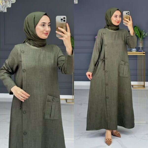 le lin فستان جانبي بأزرار وأناقة عصرية للمحجبات بثوب M2 - Image 3